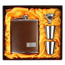 Stainless Steel Faux Leather Brown Hip Flask Set