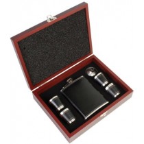 Stainless Steel Faux Leather Hip Flask Set in Wooden Gift Case.